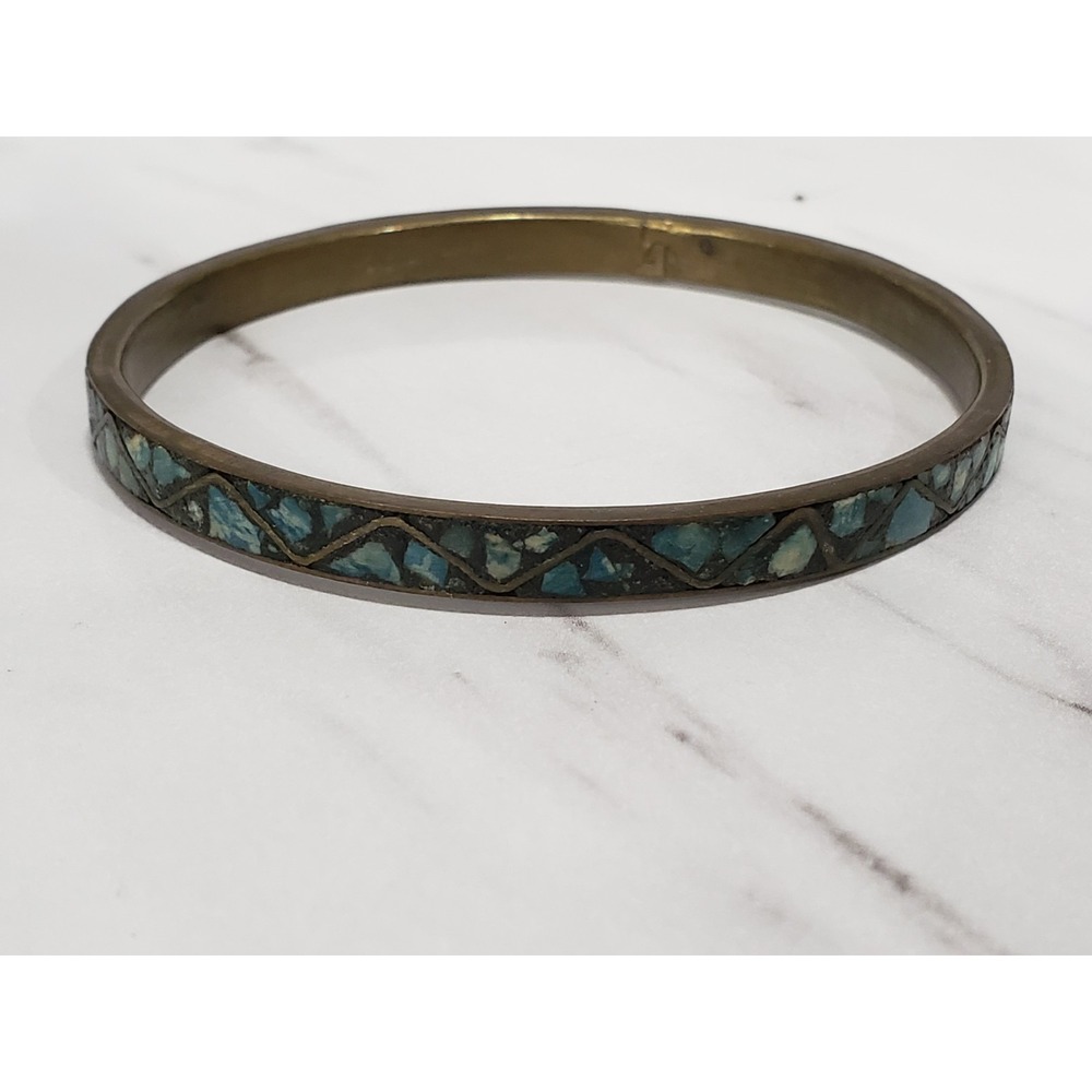 Vintage Inlaid Turquoise Mosaic Dainty Brass Indian Bangle Bracelet